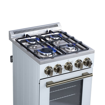 Forno Lamazze 20-Inch Freestanding Gas Range, 2.05 cu. ft. Oven, 4 Sealed Burners, White with Antique Brass Accents (Model FFSGS6265-20WHT)