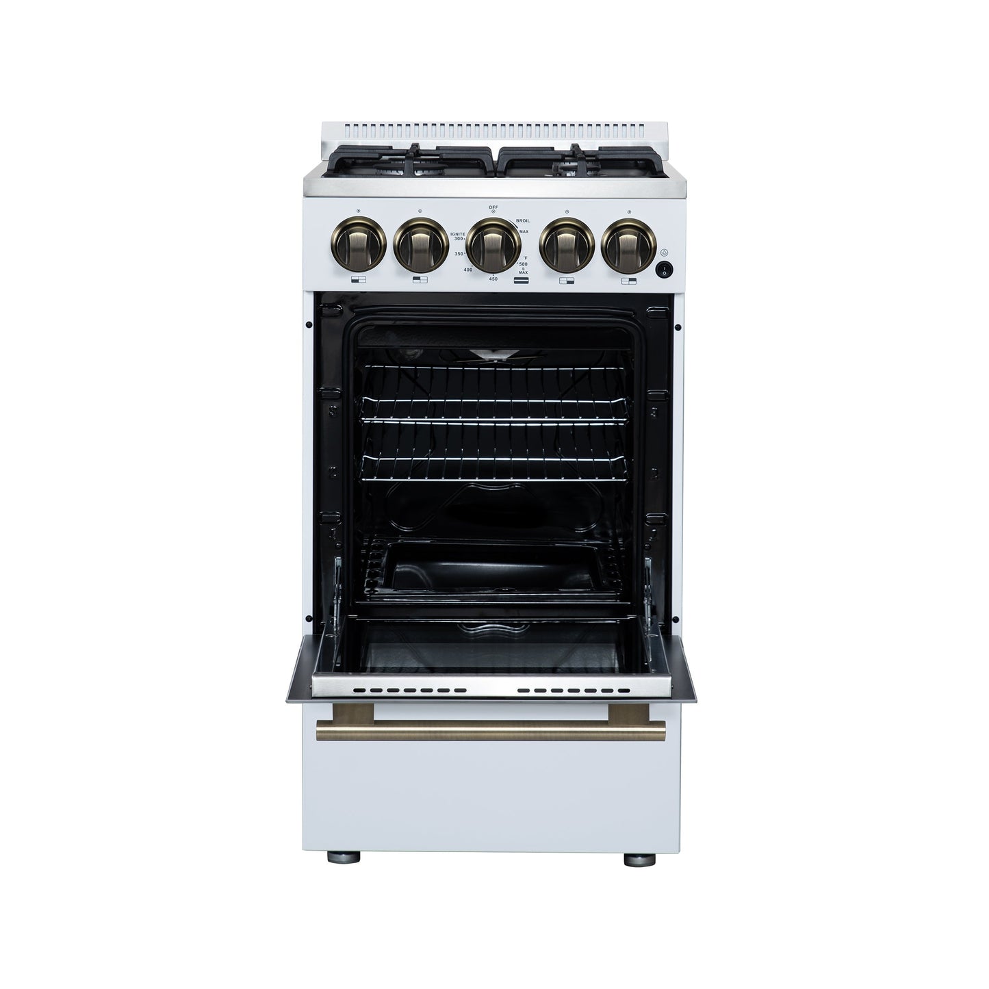 Forno Lamazze 20-Inch Freestanding Gas Range, 2.05 cu. ft. Oven, 4 Sealed Burners, White with Antique Brass Accents (Model FFSGS6265-20WHT)