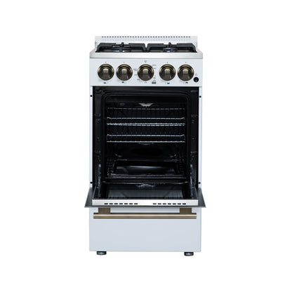 Forno Lamazze 20-Inch Freestanding Gas Range, 2.05 cu. ft. Oven, 4 Sealed Burners, White with Antique Brass Accents (Model FFSGS6265-20WHT)