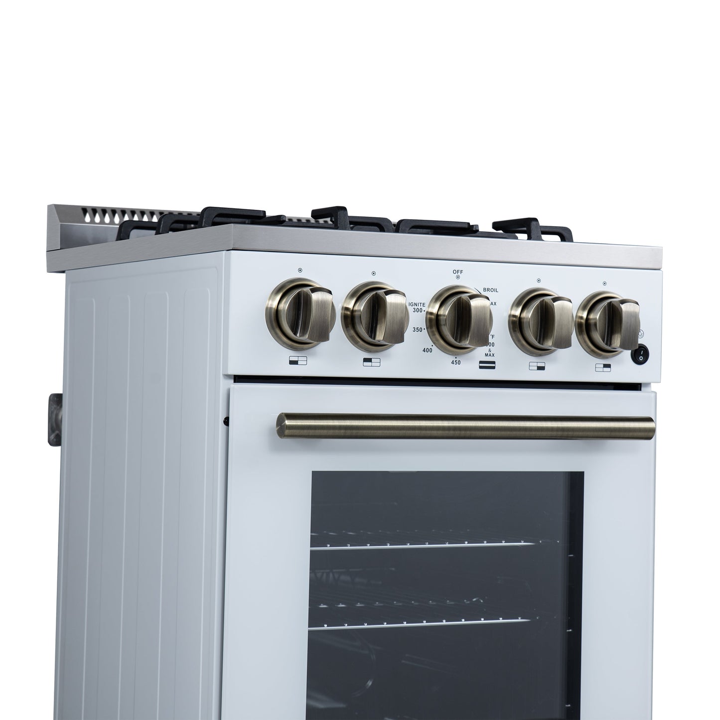 Forno Lamazze 20-Inch Freestanding Gas Range, 2.05 cu. ft. Oven, 4 Sealed Burners, White with Antique Brass Accents (Model FFSGS6265-20WHT)