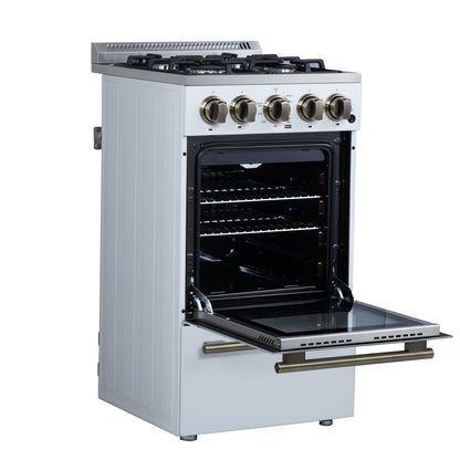 Forno Lamazze 20-Inch Freestanding Gas Range, 2.05 cu. ft. Oven, 4 Sealed Burners, White with Antique Brass Accents (Model FFSGS6265-20WHT)