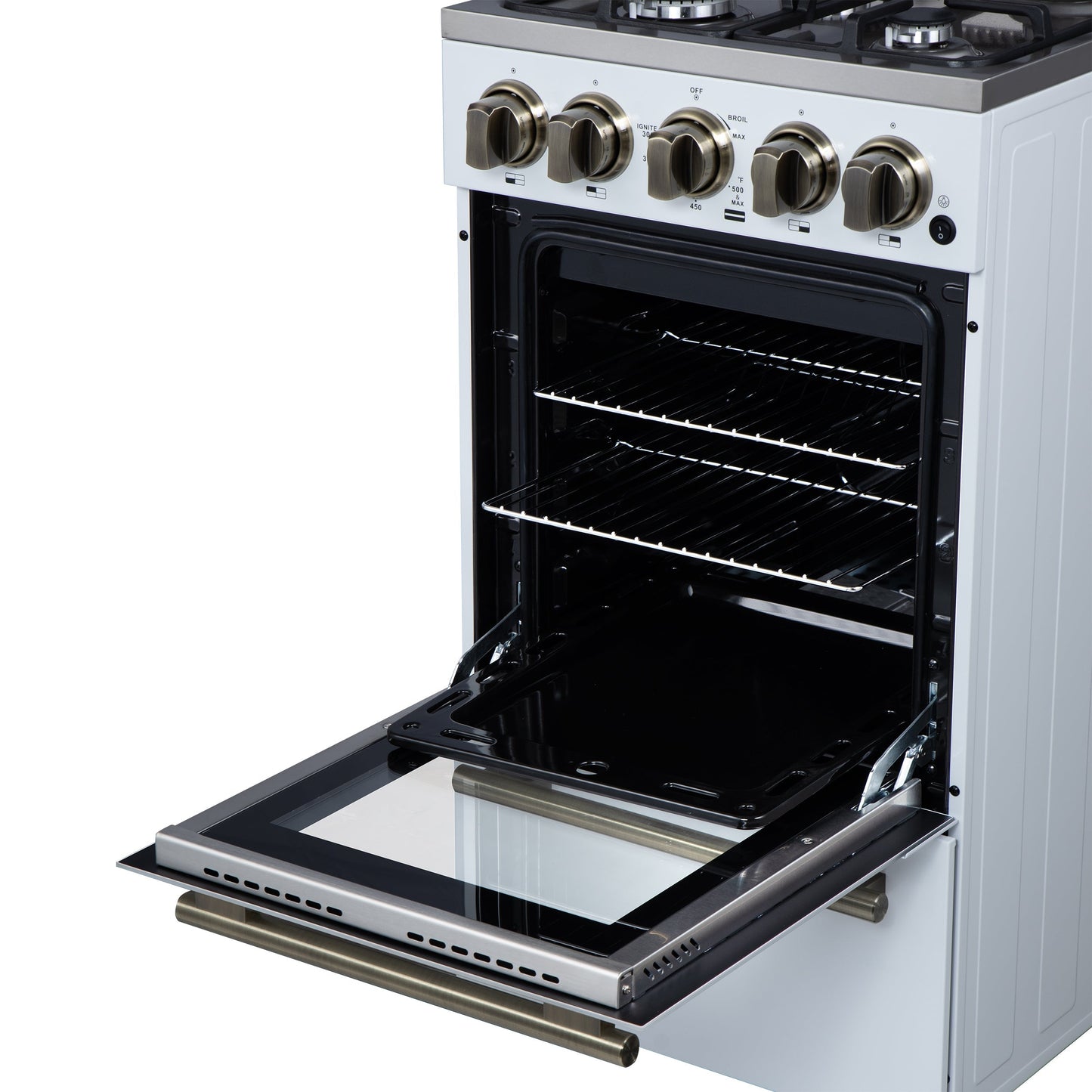 Forno Lamazze 20-Inch Freestanding Gas Range, 2.05 cu. ft. Oven, 4 Sealed Burners, White with Antique Brass Accents (Model FFSGS6265-20WHT)