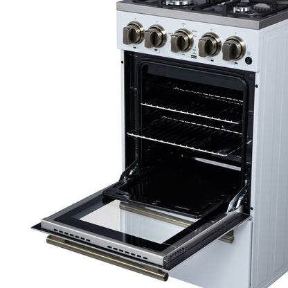 Forno Lamazze 20-Inch Freestanding Gas Range, 2.05 cu. ft. Oven, 4 Sealed Burners, White with Antique Brass Accents (Model FFSGS6265-20WHT)