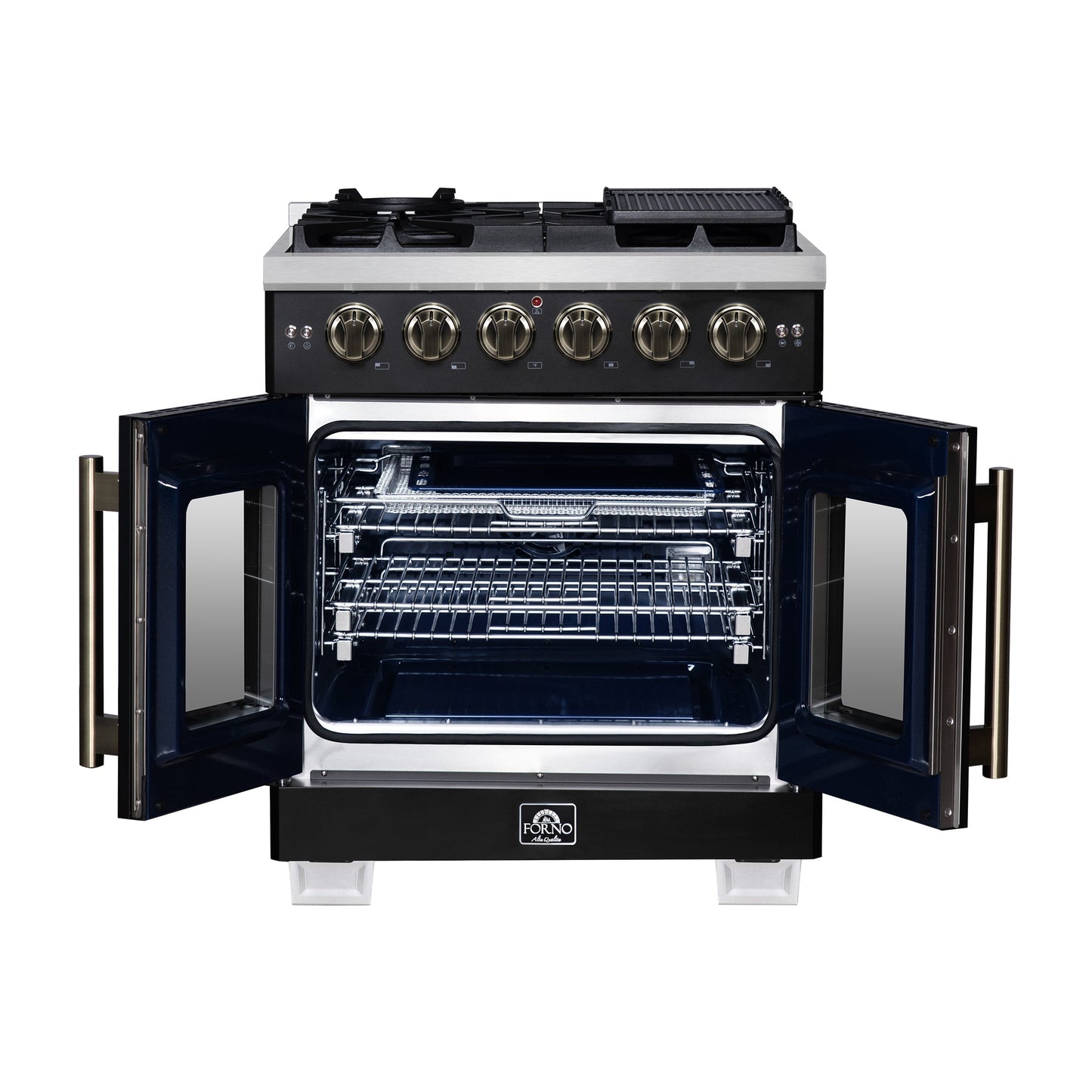 Forno Capriasca 30-Inch French Door Gas Range, 4.32 cu. ft., 5 Sealed Burners, Air Fryer Kit, Rotisserie Kit, Wok Support, Griddle, Black with Antique Brass Accents (FFSGS6460-30BLK)