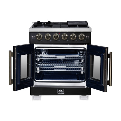 Forno Capriasca 30-Inch French Door Gas Range, 4.32 cu. ft., 5 Sealed Burners, Air Fryer Kit, Rotisserie Kit, Wok Support, Griddle, Black with Antique Brass Accents (FFSGS6460-30BLK)