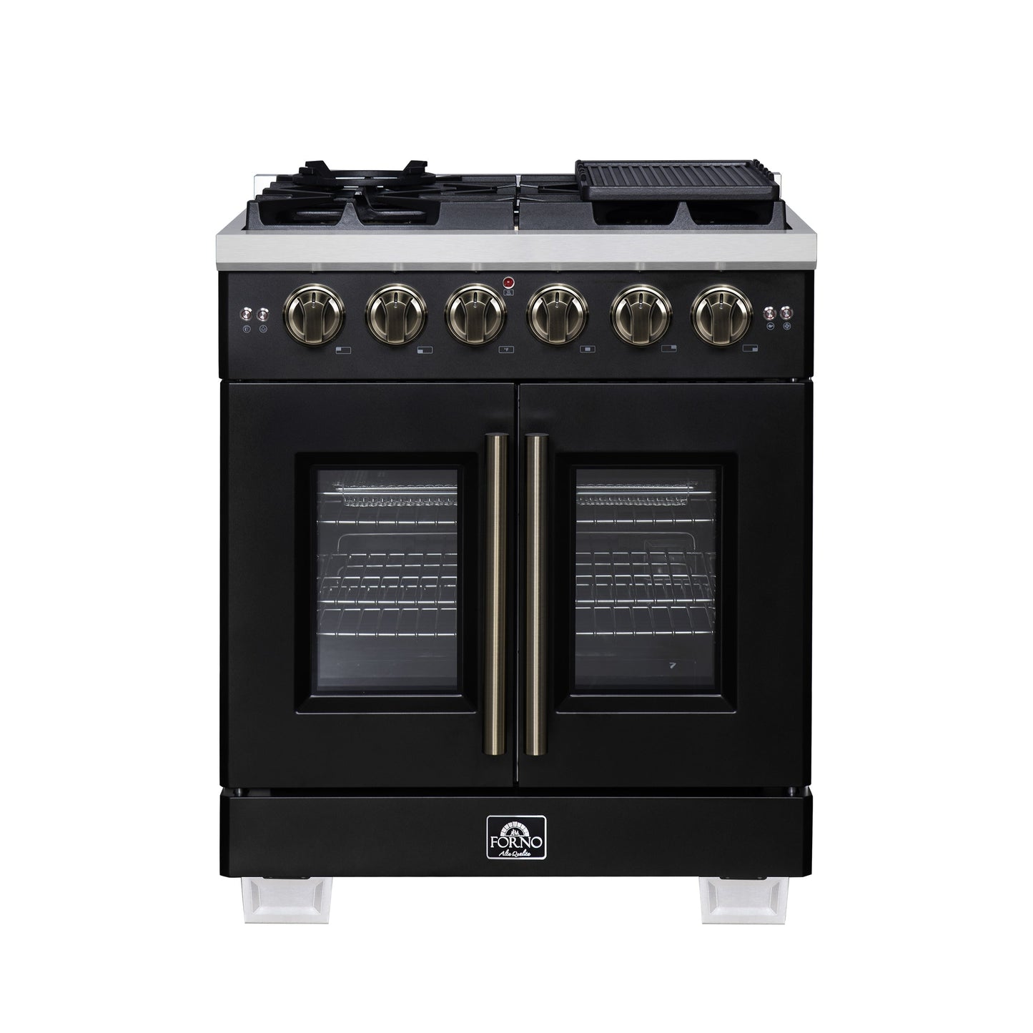 Forno Capriasca 30-Inch French Door Gas Range, 4.32 cu. ft., 5 Sealed Burners, Air Fryer Kit, Rotisserie Kit, Wok Support, Griddle, Black with Antique Brass Accents (FFSGS6460-30BLK)