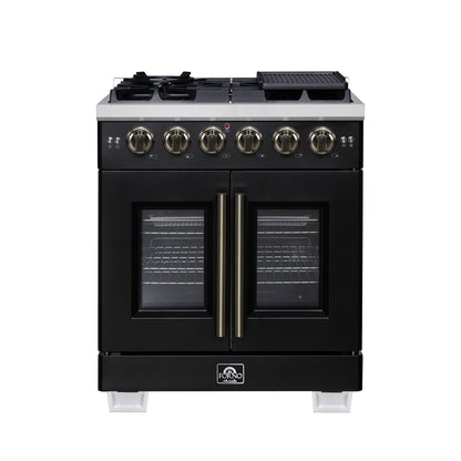 Forno Capriasca 30-Inch French Door Gas Range, 4.32 cu. ft., 5 Sealed Burners, Air Fryer Kit, Rotisserie Kit, Wok Support, Griddle, Black with Antique Brass Accents (FFSGS6460-30BLK)