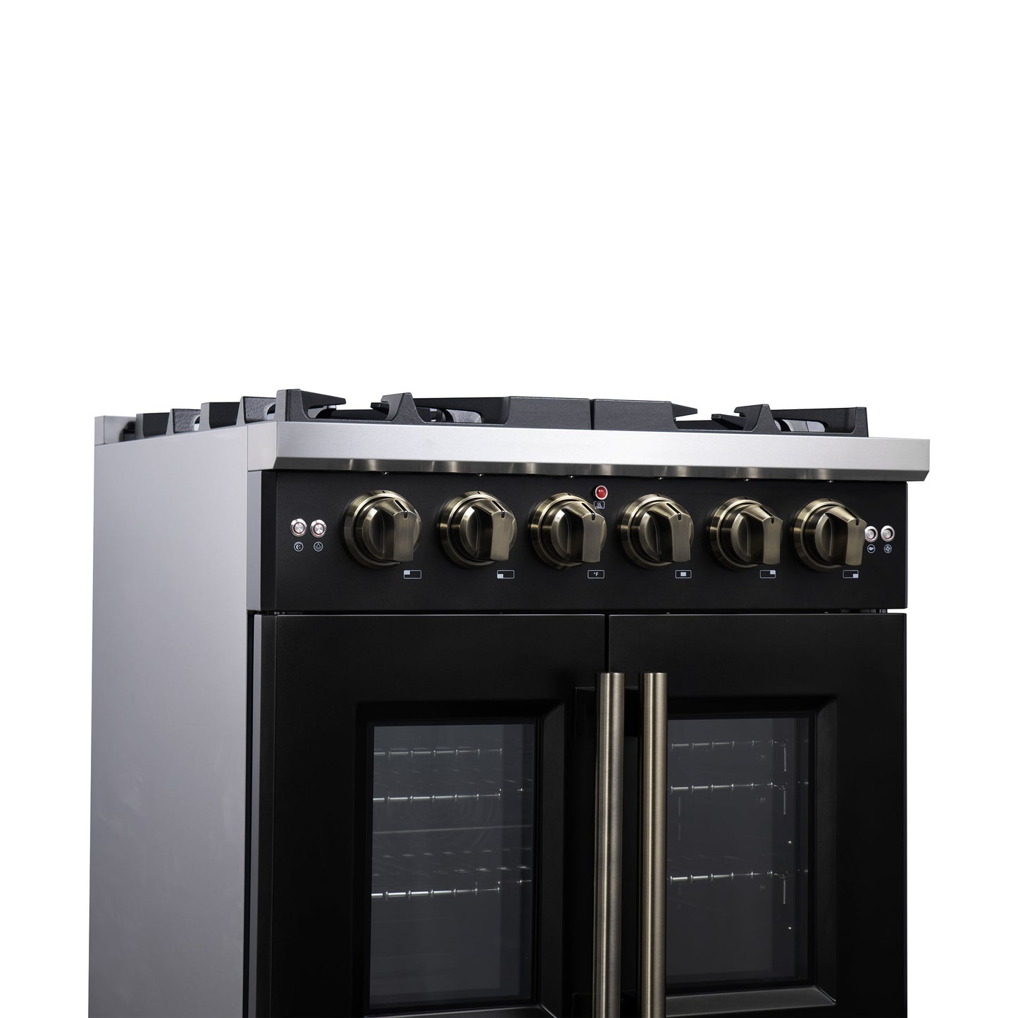 Forno Capriasca 30-Inch French Door Gas Range, 4.32 cu. ft., 5 Sealed Burners, Air Fryer Kit, Rotisserie Kit, Wok Support, Griddle, Black with Antique Brass Accents (FFSGS6460-30BLK)