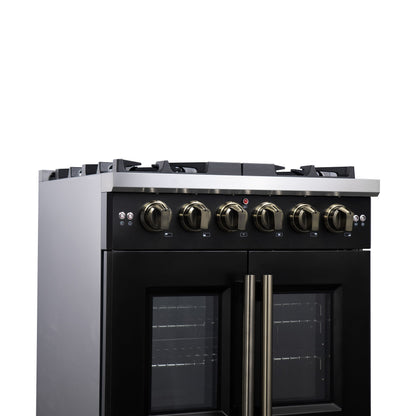 Forno Capriasca 30-Inch French Door Gas Range, 4.32 cu. ft., 5 Sealed Burners, Air Fryer Kit, Rotisserie Kit, Wok Support, Griddle, Black with Antique Brass Accents (FFSGS6460-30BLK)