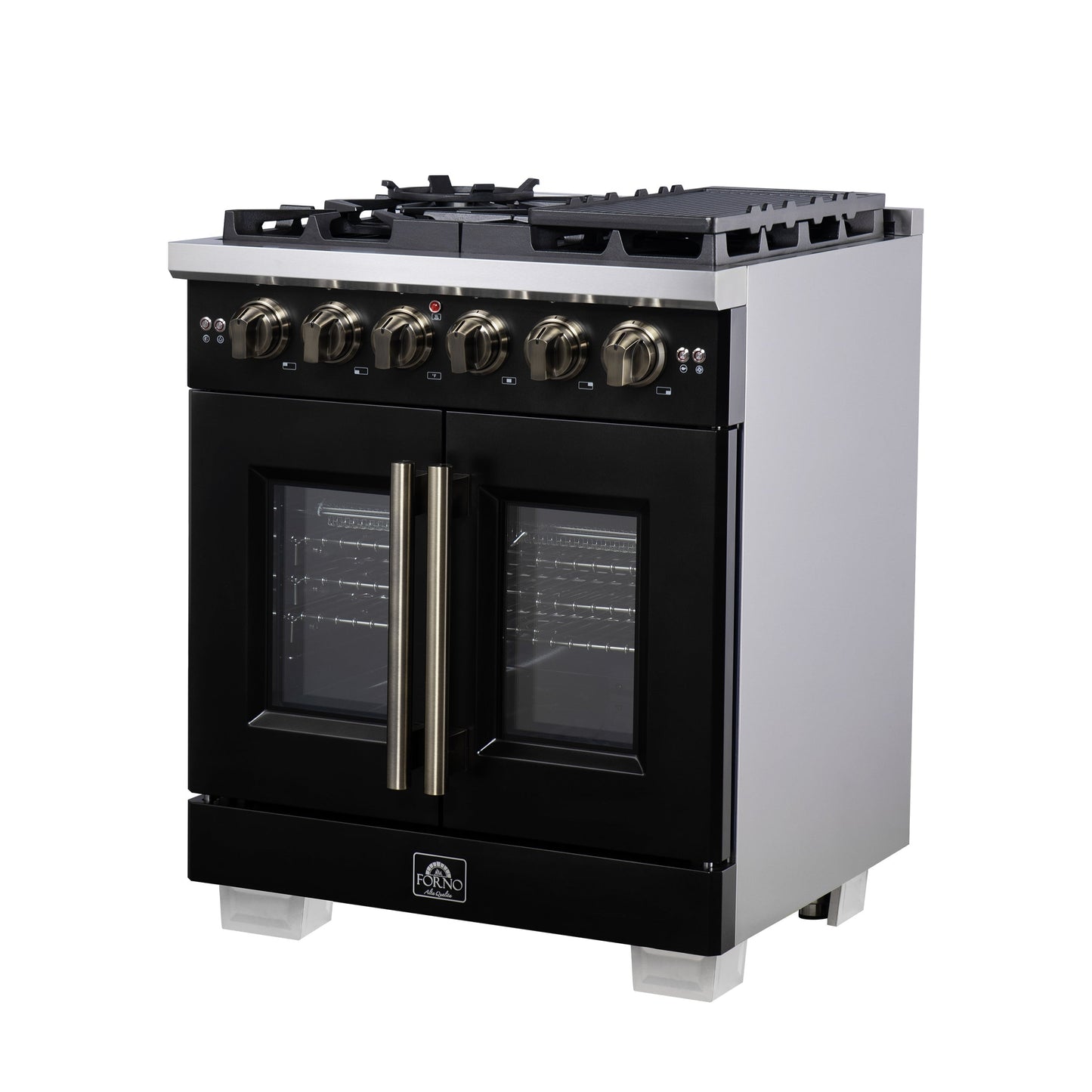 Forno Capriasca 30-Inch French Door Gas Range, 4.32 cu. ft., 5 Sealed Burners, Air Fryer Kit, Rotisserie Kit, Wok Support, Griddle, Black with Antique Brass Accents (FFSGS6460-30BLK)