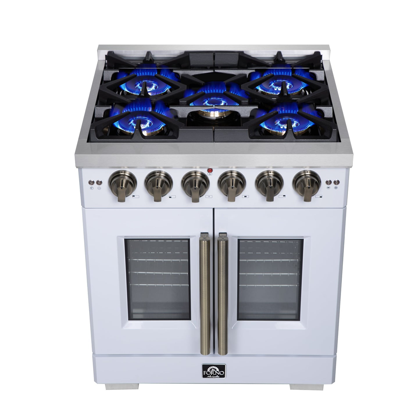 Forno Capriasca 30 in. French Door Gas Range, 4.32 cu. ft., 5 Sealed Burners, Air Fry Kit, Rotisserie, Wok Ring & Griddle, White with Antique Brass, Model FFSGS6460-30WHT