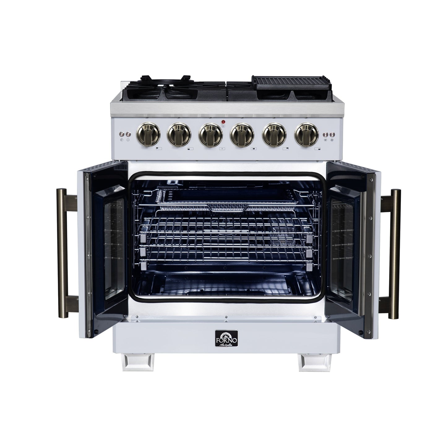 Forno Capriasca 30 in. French Door Gas Range, 4.32 cu. ft., 5 Sealed Burners, Air Fry Kit, Rotisserie, Wok Ring & Griddle, White with Antique Brass, Model FFSGS6460-30WHT