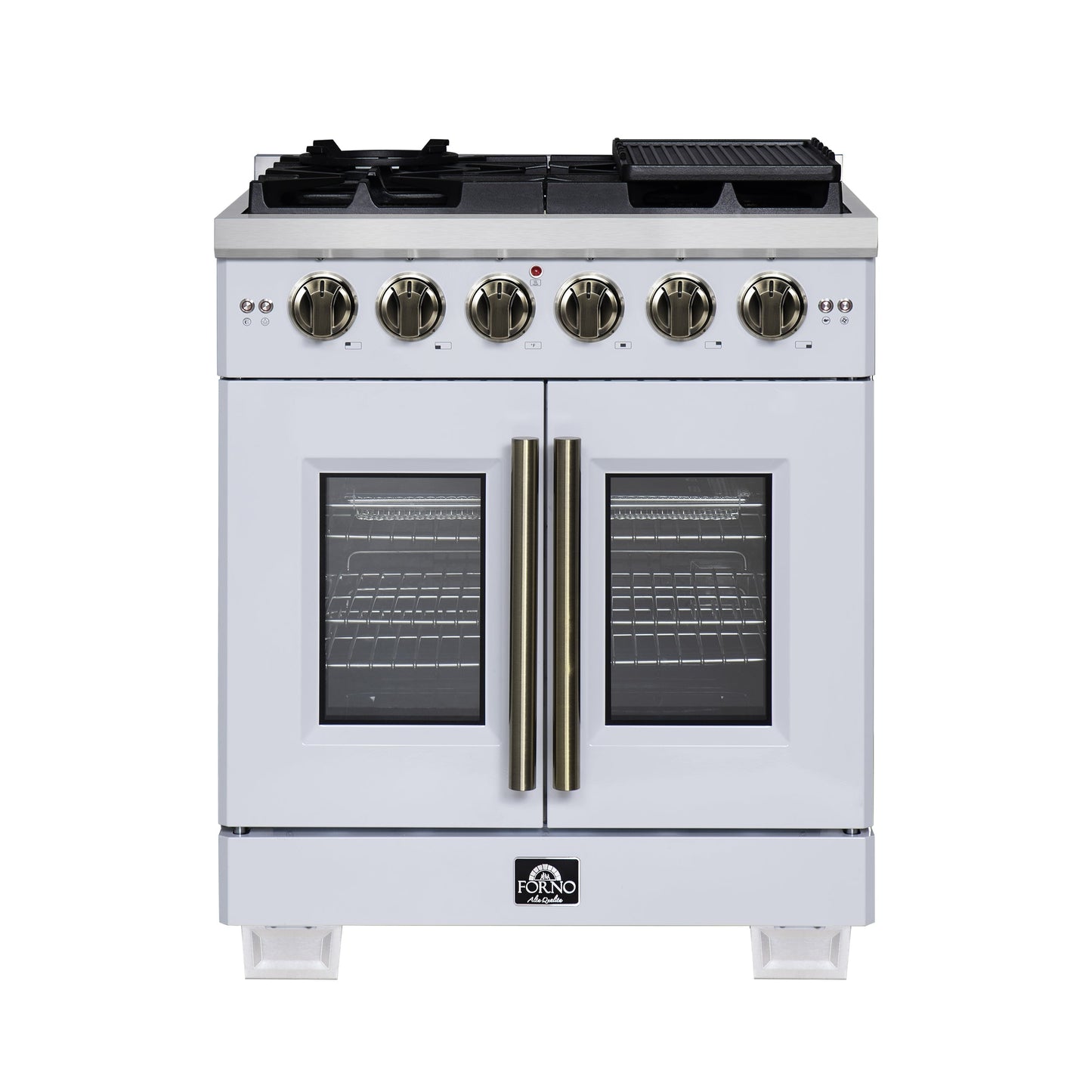 Forno Capriasca 30 in. French Door Gas Range, 4.32 cu. ft., 5 Sealed Burners, Air Fry Kit, Rotisserie, Wok Ring & Griddle, White with Antique Brass, Model FFSGS6460-30WHT
