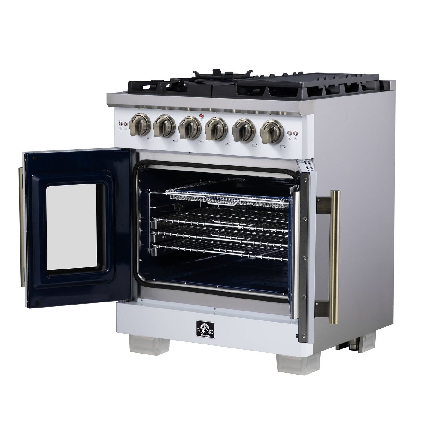 Forno Capriasca 30 in. French Door Gas Range, 4.32 cu. ft., 5 Sealed Burners, Air Fry Kit, Rotisserie, Wok Ring & Griddle, White with Antique Brass, Model FFSGS6460-30WHT