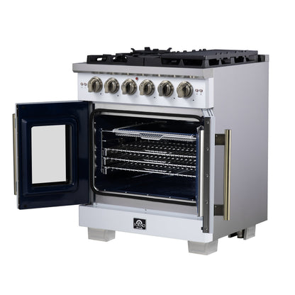 Forno Capriasca 30 in. French Door Gas Range, 4.32 cu. ft., 5 Sealed Burners, Air Fry Kit, Rotisserie, Wok Ring & Griddle, White with Antique Brass, Model FFSGS6460-30WHT