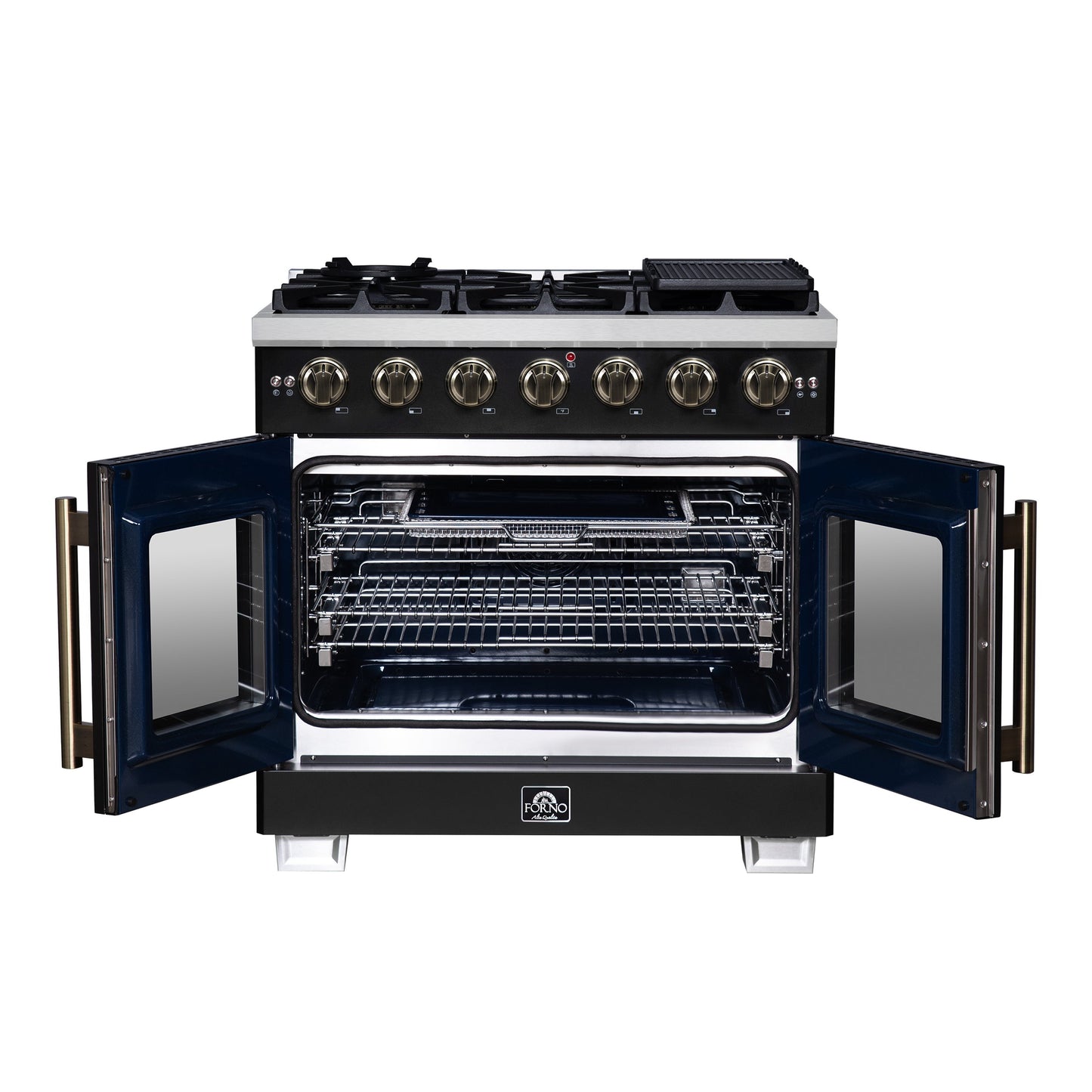 Forno Capriasca 36-Inch French Door Gas Range, 5.36 cu. ft. Oven, 6 Sealed Gas Burners, Air Fry Basket, Rotisserie Kit, Wok Ring and Griddle, Black with Antique Brass Accents (Model FFSGS6460-36BLK)