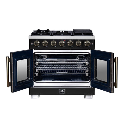 Forno Capriasca 36-Inch French Door Gas Range, 5.36 cu. ft. Oven, 6 Sealed Gas Burners, Air Fry Basket, Rotisserie Kit, Wok Ring and Griddle, Black with Antique Brass Accents (Model FFSGS6460-36BLK)