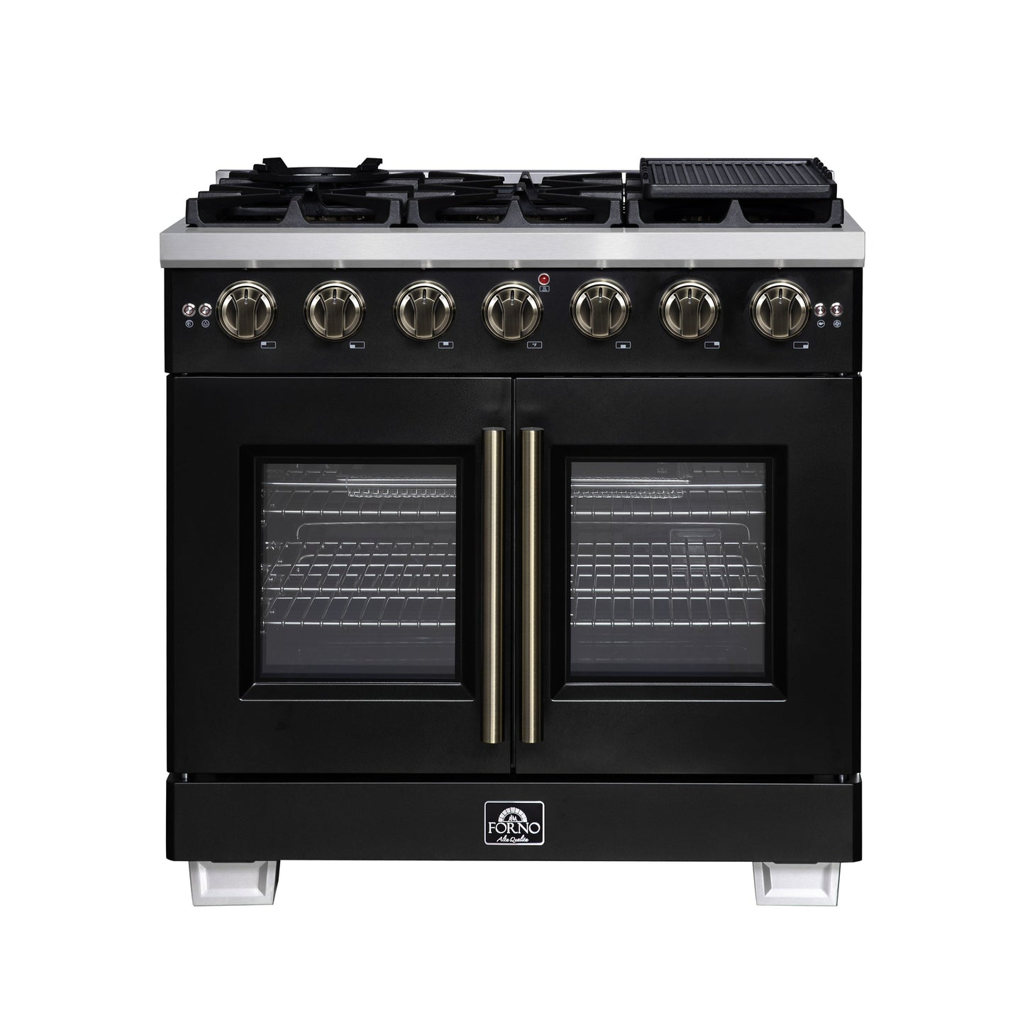 Forno Capriasca 36-Inch French Door Gas Range, 5.36 cu. ft. Oven, 6 Sealed Gas Burners, Air Fry Basket, Rotisserie Kit, Wok Ring and Griddle, Black with Antique Brass Accents (Model FFSGS6460-36BLK)