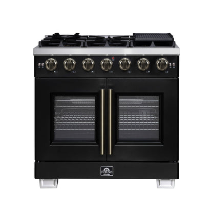 Forno Capriasca 36-Inch French Door Gas Range, 5.36 cu. ft. Oven, 6 Sealed Gas Burners, Air Fry Basket, Rotisserie Kit, Wok Ring and Griddle, Black with Antique Brass Accents (Model FFSGS6460-36BLK)