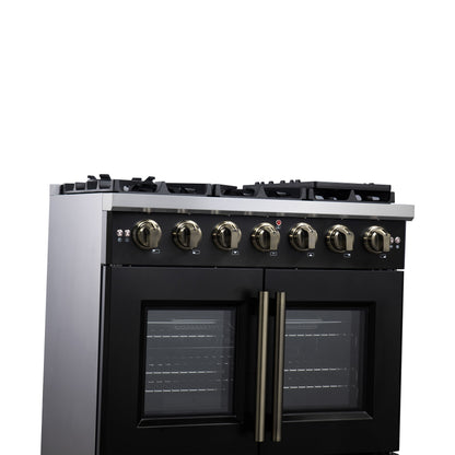Forno Capriasca 36-Inch French Door Gas Range, 5.36 cu. ft. Oven, 6 Sealed Gas Burners, Air Fry Basket, Rotisserie Kit, Wok Ring and Griddle, Black with Antique Brass Accents (Model FFSGS6460-36BLK)