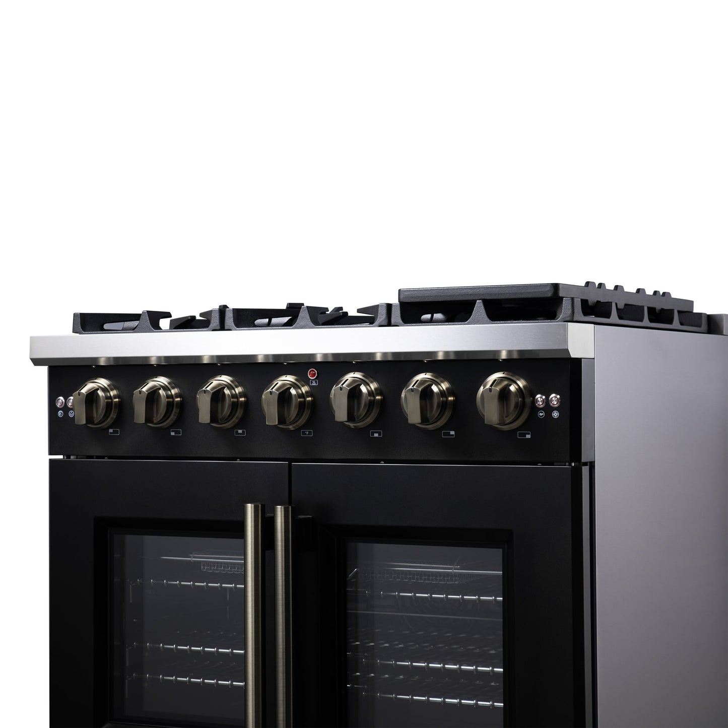 Forno Capriasca 36-Inch French Door Gas Range, 5.36 cu. ft. Oven, 6 Sealed Gas Burners, Air Fry Basket, Rotisserie Kit, Wok Ring and Griddle, Black with Antique Brass Accents (Model FFSGS6460-36BLK)