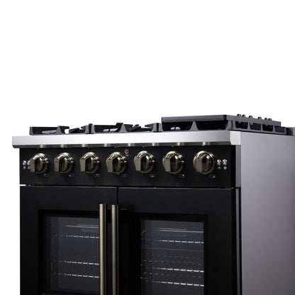 Forno Capriasca 36-Inch French Door Gas Range, 5.36 cu. ft. Oven, 6 Sealed Gas Burners, Air Fry Basket, Rotisserie Kit, Wok Ring and Griddle, Black with Antique Brass Accents (Model FFSGS6460-36BLK)
