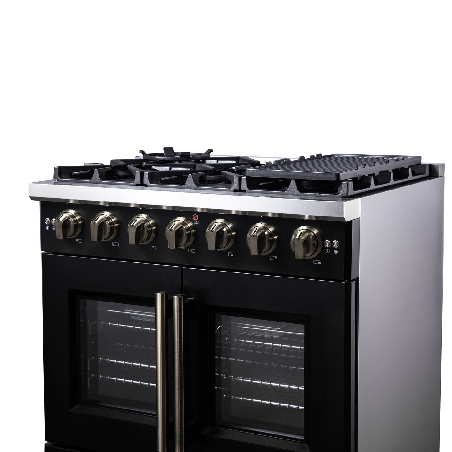 Forno Capriasca 36-Inch French Door Gas Range, 5.36 cu. ft. Oven, 6 Sealed Gas Burners, Air Fry Basket, Rotisserie Kit, Wok Ring and Griddle, Black with Antique Brass Accents (Model FFSGS6460-36BLK)