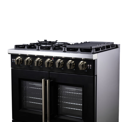 Forno Capriasca 36-Inch French Door Gas Range, 5.36 cu. ft. Oven, 6 Sealed Gas Burners, Air Fry Basket, Rotisserie Kit, Wok Ring and Griddle, Black with Antique Brass Accents (Model FFSGS6460-36BLK)