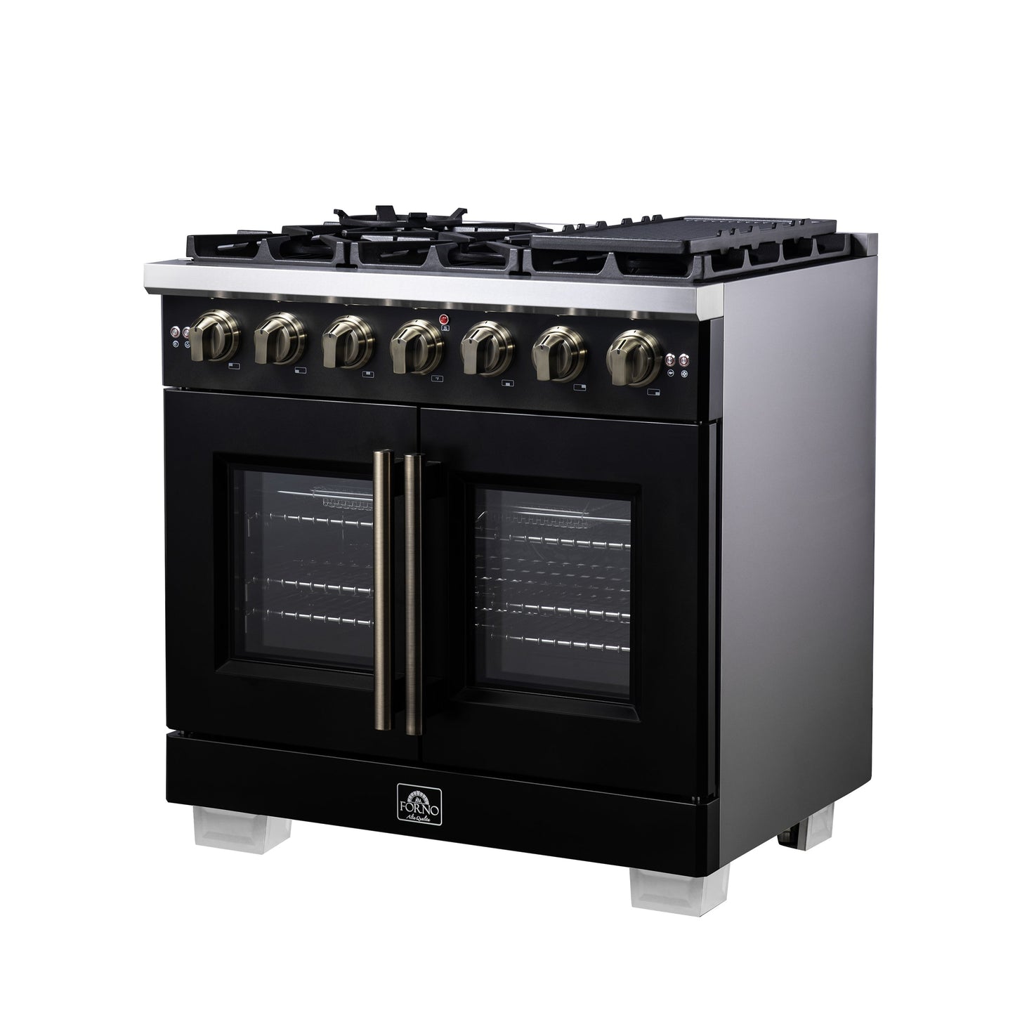 Forno Capriasca 36-Inch French Door Gas Range, 5.36 cu. ft. Oven, 6 Sealed Gas Burners, Air Fry Basket, Rotisserie Kit, Wok Ring and Griddle, Black with Antique Brass Accents (Model FFSGS6460-36BLK)