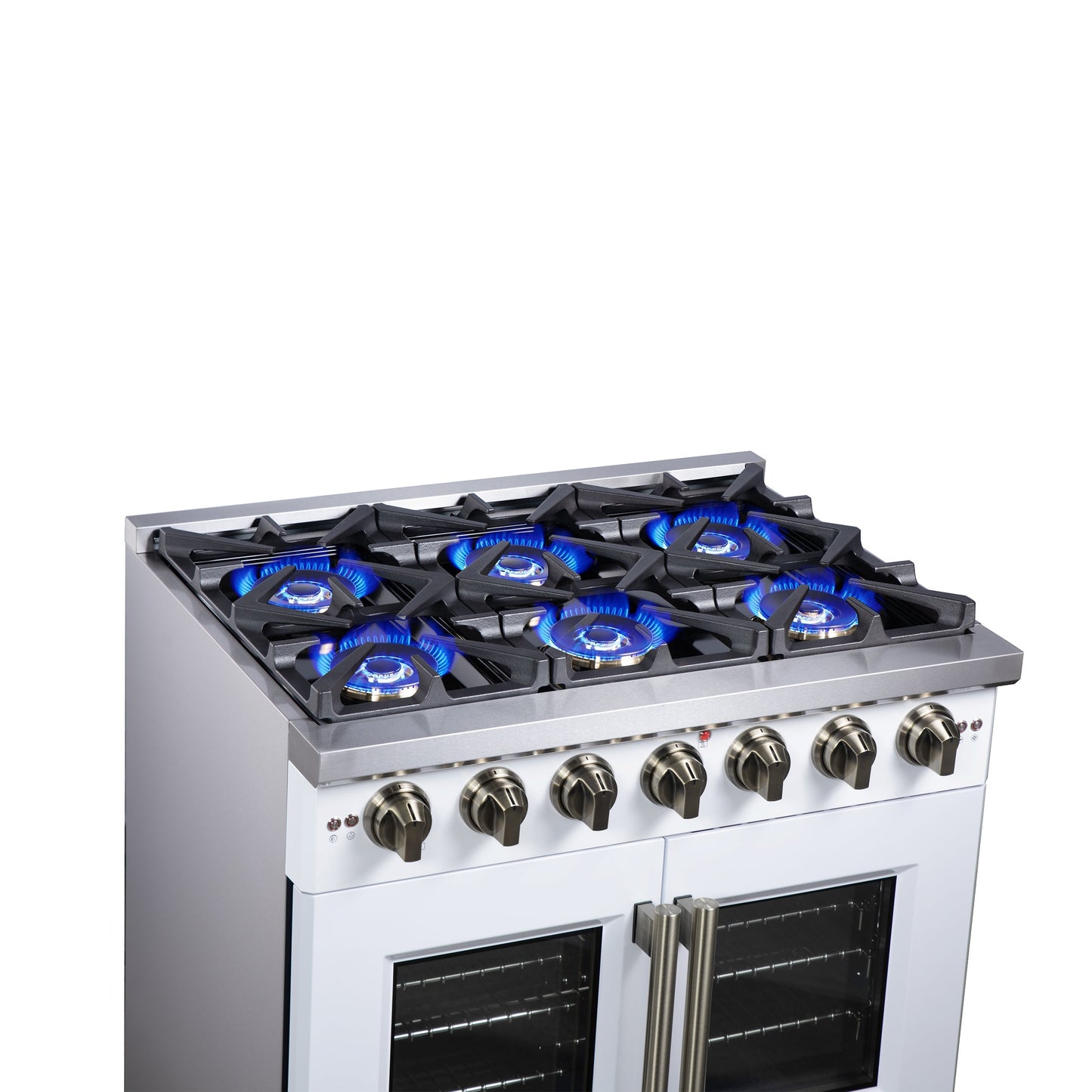 Forno Capriasca 36-Inch Gas Range with French Door Oven, 6 Sealed Burners, 5.36 cu. ft. Capacity, Air Fry Kit, Rotisserie, Wok Ring, Griddle, White with Antique Brass Accents (Model FFSGS6460-36WHT)