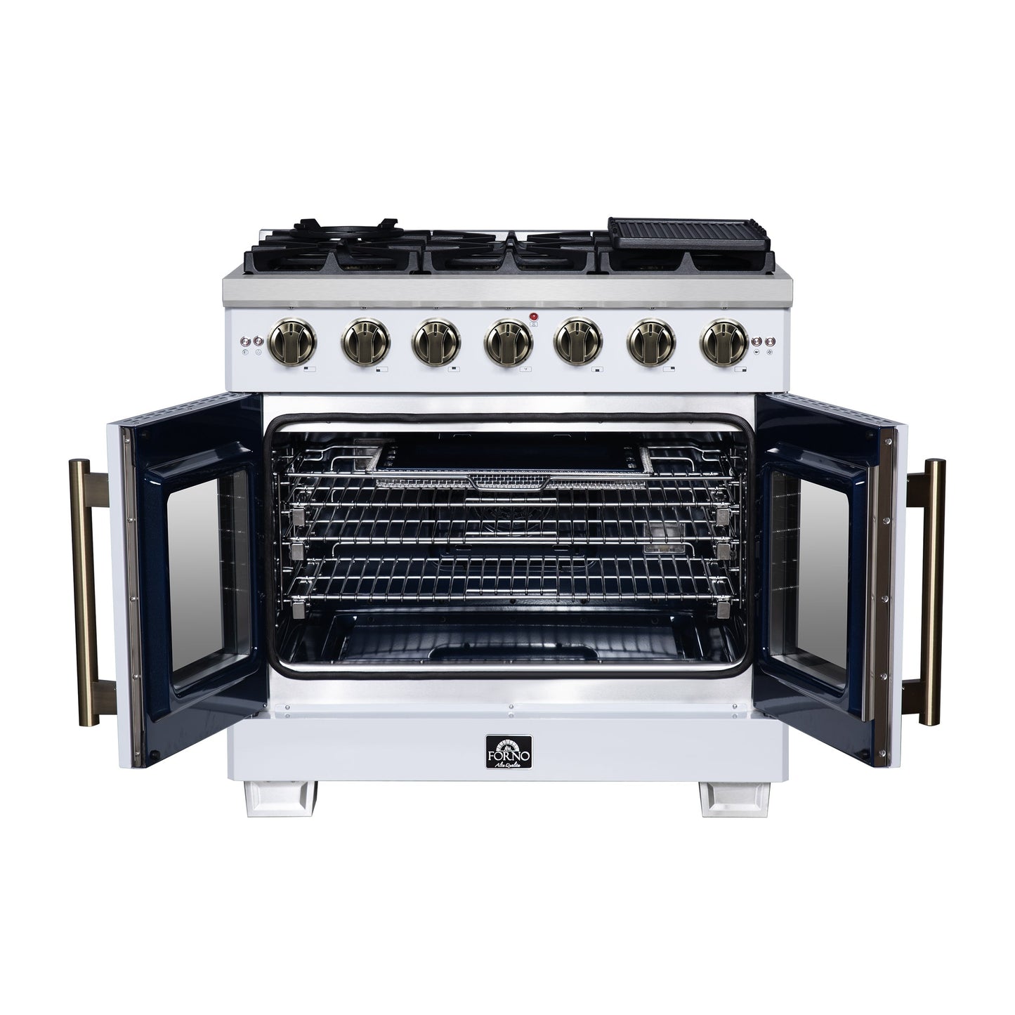 Forno Capriasca 36-Inch Gas Range with French Door Oven, 6 Sealed Burners, 5.36 cu. ft. Capacity, Air Fry Kit, Rotisserie, Wok Ring, Griddle, White with Antique Brass Accents (Model FFSGS6460-36WHT)