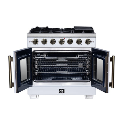 Forno Capriasca 36-Inch Gas Range with French Door Oven, 6 Sealed Burners, 5.36 cu. ft. Capacity, Air Fry Kit, Rotisserie, Wok Ring, Griddle, White with Antique Brass Accents (Model FFSGS6460-36WHT)