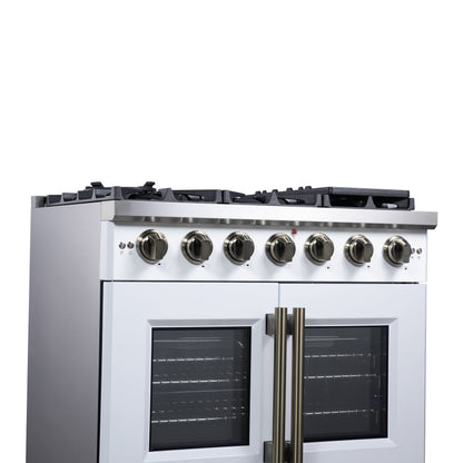 Forno Capriasca 36-Inch Gas Range with French Door Oven, 6 Sealed Burners, 5.36 cu. ft. Capacity, Air Fry Kit, Rotisserie, Wok Ring, Griddle, White with Antique Brass Accents (Model FFSGS6460-36WHT)