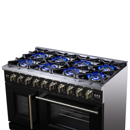 Forno Capriasca 48 Inch French Door Gas Range, 6.58 Cu. Ft., 8 Sealed Burners, Air Fry Kit, Rotisserie Kit, Wok Support, Griddle, Black with Antique Brass Accents (FFSGS6460-48BLK)