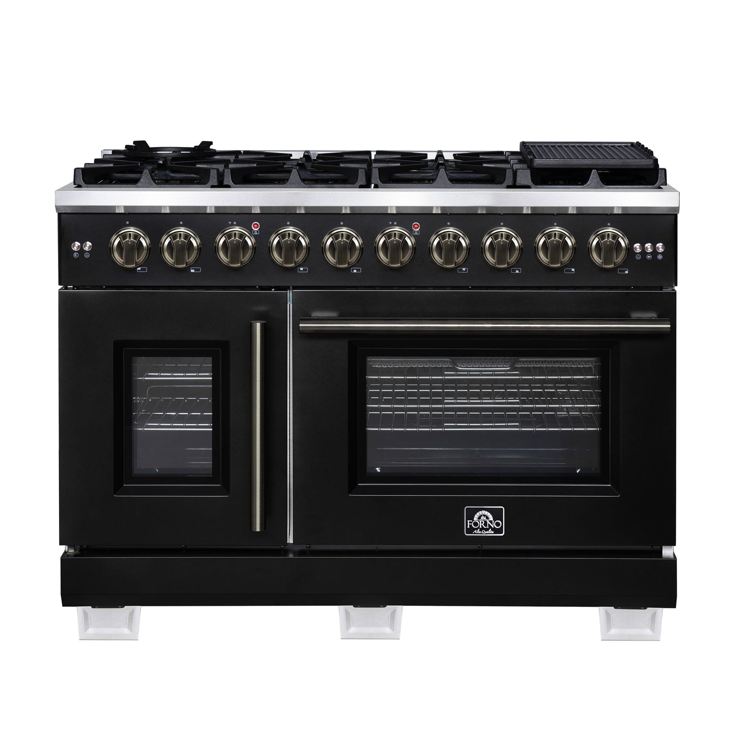 Forno Capriasca 48 Inch French Door Gas Range, 6.58 Cu. Ft., 8 Sealed Burners, Air Fry Kit, Rotisserie Kit, Wok Support, Griddle, Black with Antique Brass Accents (FFSGS6460-48BLK)