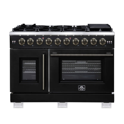 Forno Capriasca 48 Inch French Door Gas Range, 6.58 Cu. Ft., 8 Sealed Burners, Air Fry Kit, Rotisserie Kit, Wok Support, Griddle, Black with Antique Brass Accents (FFSGS6460-48BLK)