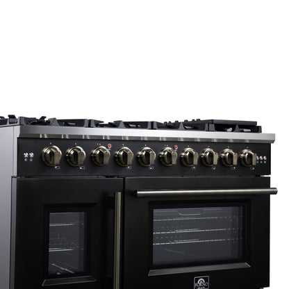 Forno Capriasca 48 Inch French Door Gas Range, 6.58 Cu. Ft., 8 Sealed Burners, Air Fry Kit, Rotisserie Kit, Wok Support, Griddle, Black with Antique Brass Accents (FFSGS6460-48BLK)