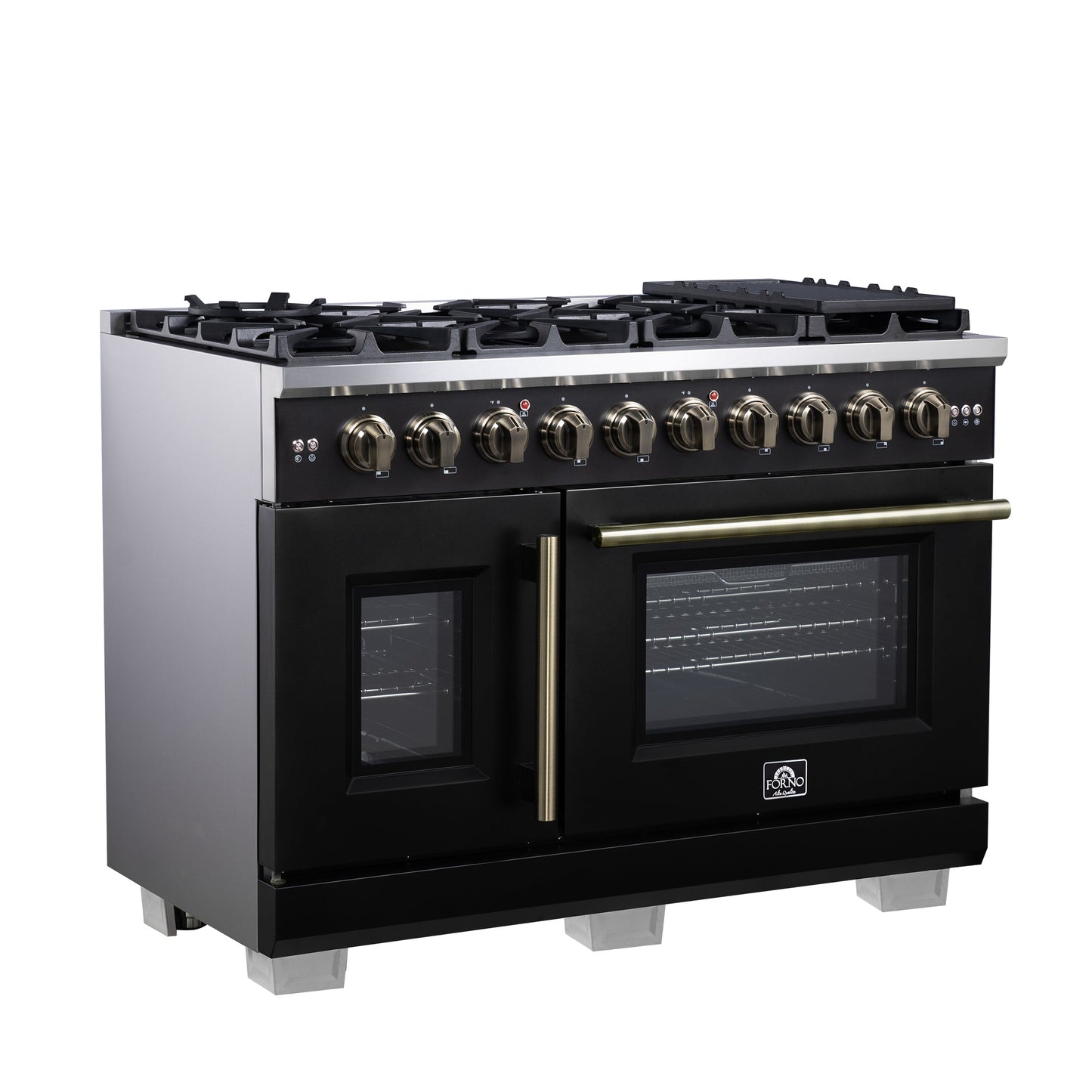 Forno Capriasca 48 Inch French Door Gas Range, 6.58 Cu. Ft., 8 Sealed Burners, Air Fry Kit, Rotisserie Kit, Wok Support, Griddle, Black with Antique Brass Accents (FFSGS6460-48BLK)