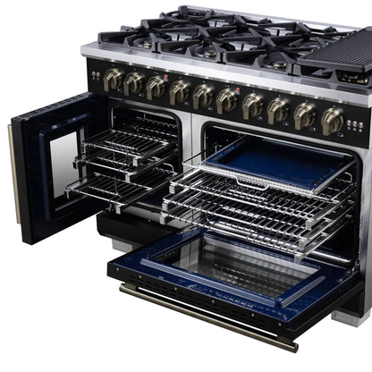 Forno Capriasca 48 Inch French Door Gas Range, 6.58 Cu. Ft., 8 Sealed Burners, Air Fry Kit, Rotisserie Kit, Wok Support, Griddle, Black with Antique Brass Accents (FFSGS6460-48BLK)
