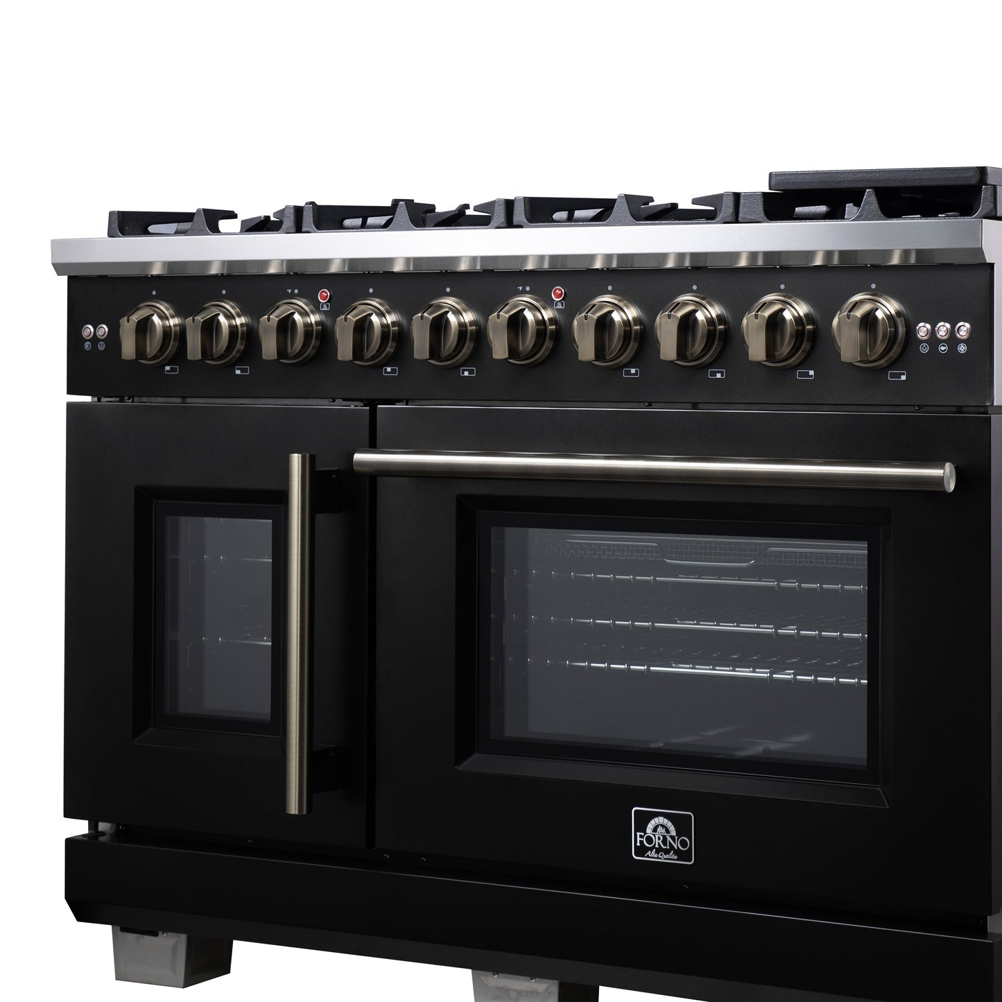Forno Capriasca 48 Inch French Door Gas Range, 6.58 Cu. Ft., 8 Sealed Burners, Air Fry Kit, Rotisserie Kit, Wok Support, Griddle, Black with Antique Brass Accents (FFSGS6460-48BLK)