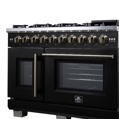 Forno Capriasca 48 Inch French Door Gas Range, 6.58 Cu. Ft., 8 Sealed Burners, Air Fry Kit, Rotisserie Kit, Wok Support, Griddle, Black with Antique Brass Accents (FFSGS6460-48BLK)