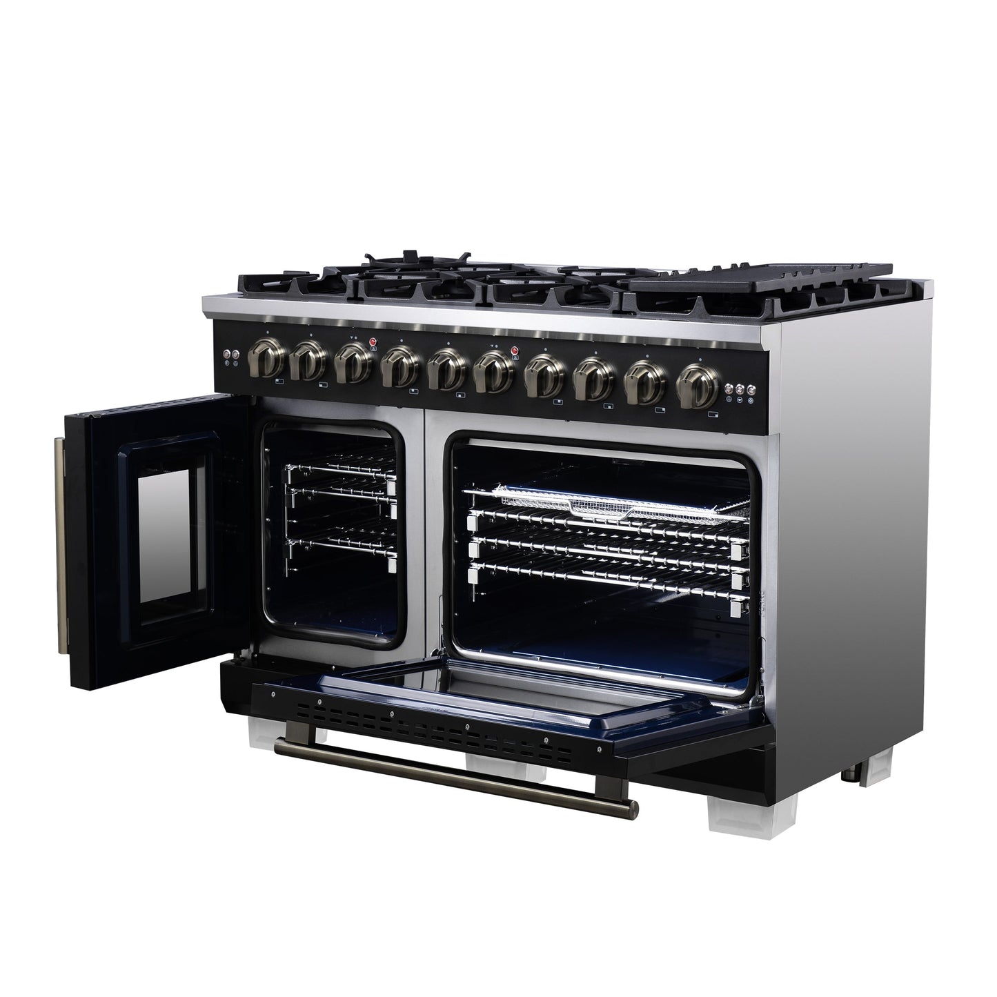 Forno Capriasca 48 Inch French Door Gas Range, 6.58 Cu. Ft., 8 Sealed Burners, Air Fry Kit, Rotisserie Kit, Wok Support, Griddle, Black with Antique Brass Accents (FFSGS6460-48BLK)
