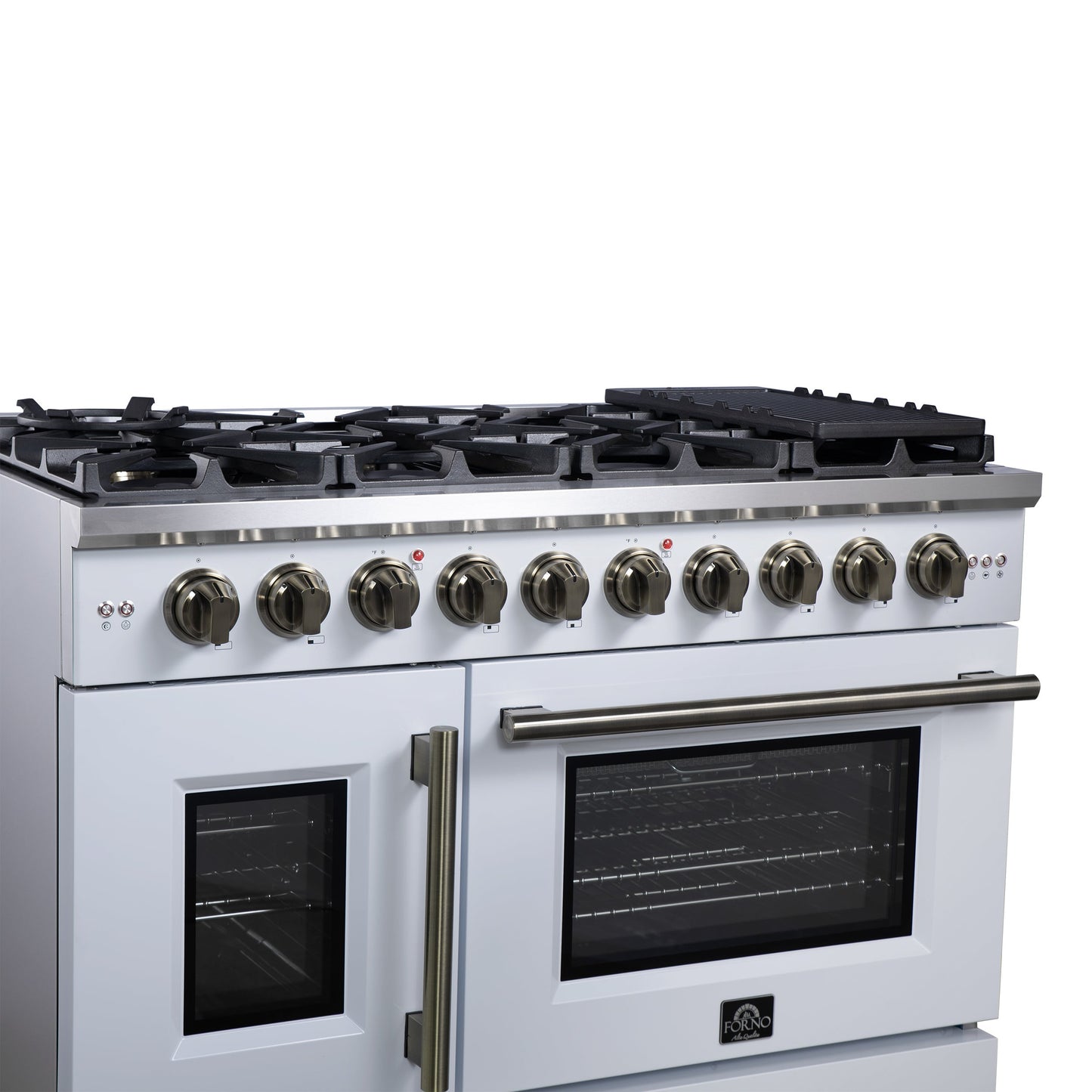 Forno Capriasca 48-Inch French Door Gas Range, 6.58 cu. ft., 8 Sealed Brass Burners, Air Fry Kit, Rotisserie Kit, Wok Support & Griddle, White with Antique Brass Accents (FFSGS6460-48WHT)