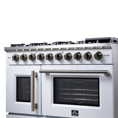 Forno Capriasca 48-Inch French Door Gas Range, 6.58 cu. ft., 8 Sealed Brass Burners, Air Fry Kit, Rotisserie Kit, Wok Support & Griddle, White with Antique Brass Accents (FFSGS6460-48WHT)