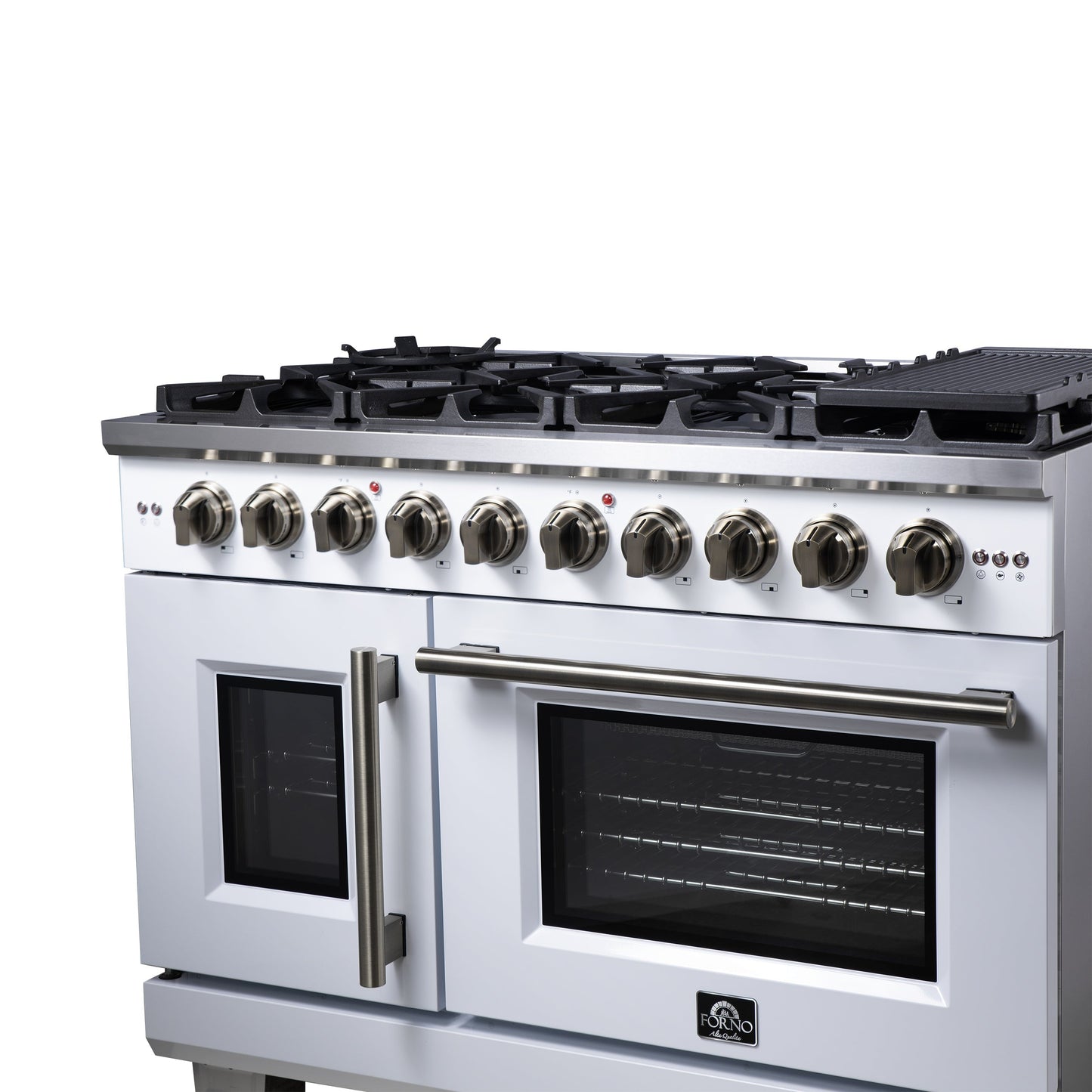 Forno Capriasca 48-Inch French Door Gas Range, 6.58 cu. ft., 8 Sealed Brass Burners, Air Fry Kit, Rotisserie Kit, Wok Support & Griddle, White with Antique Brass Accents (FFSGS6460-48WHT)