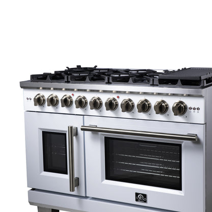 Forno Capriasca 48-Inch French Door Gas Range, 6.58 cu. ft., 8 Sealed Brass Burners, Air Fry Kit, Rotisserie Kit, Wok Support & Griddle, White with Antique Brass Accents (FFSGS6460-48WHT)