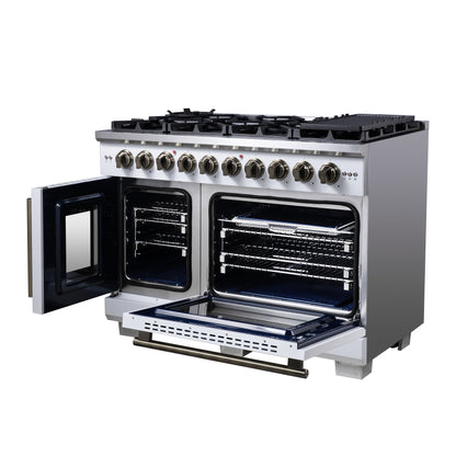 Forno Capriasca 48-Inch French Door Gas Range, 6.58 cu. ft., 8 Sealed Brass Burners, Air Fry Kit, Rotisserie Kit, Wok Support & Griddle, White with Antique Brass Accents (FFSGS6460-48WHT)