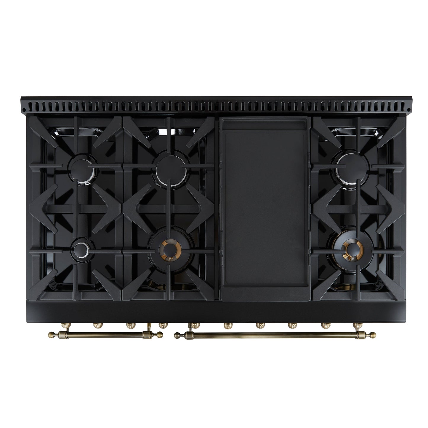 FORNO Antico 48-Inch Freestanding Gas Range, 8 Sealed Burners, Griddle, 5.5 cu. ft. Oven, Black with Antique Brass Acccents (FFSGS6219-48BLK)