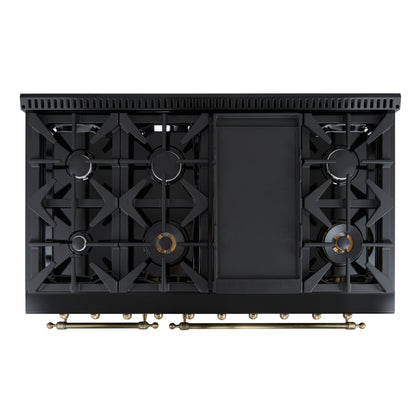FORNO Antico 48-Inch Freestanding Gas Range, 8 Sealed Burners, Griddle, 5.5 cu. ft. Oven, Black with Antique Brass Acccents (FFSGS6219-48BLK)