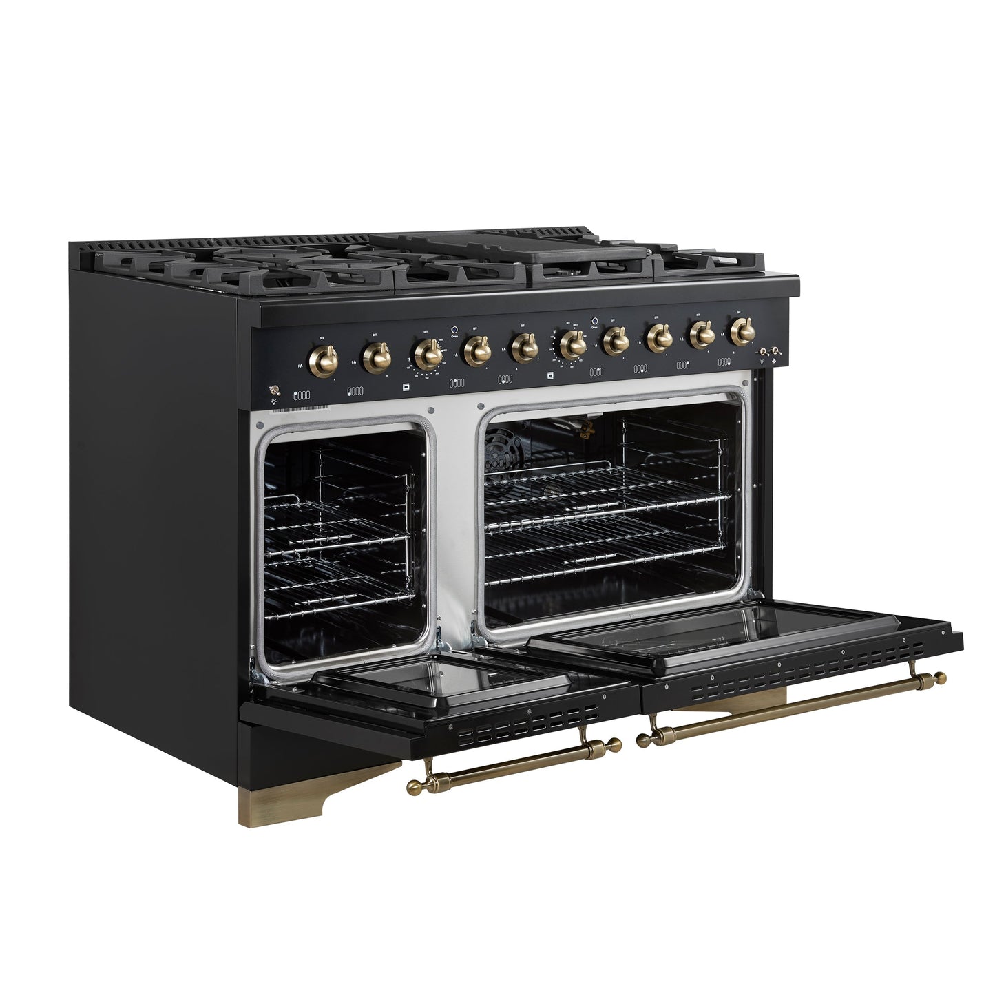 FORNO Antico 48-Inch Freestanding Gas Range, 8 Sealed Burners, Griddle, 5.5 cu. ft. Oven, Black with Antique Brass Acccents (FFSGS6219-48BLK)